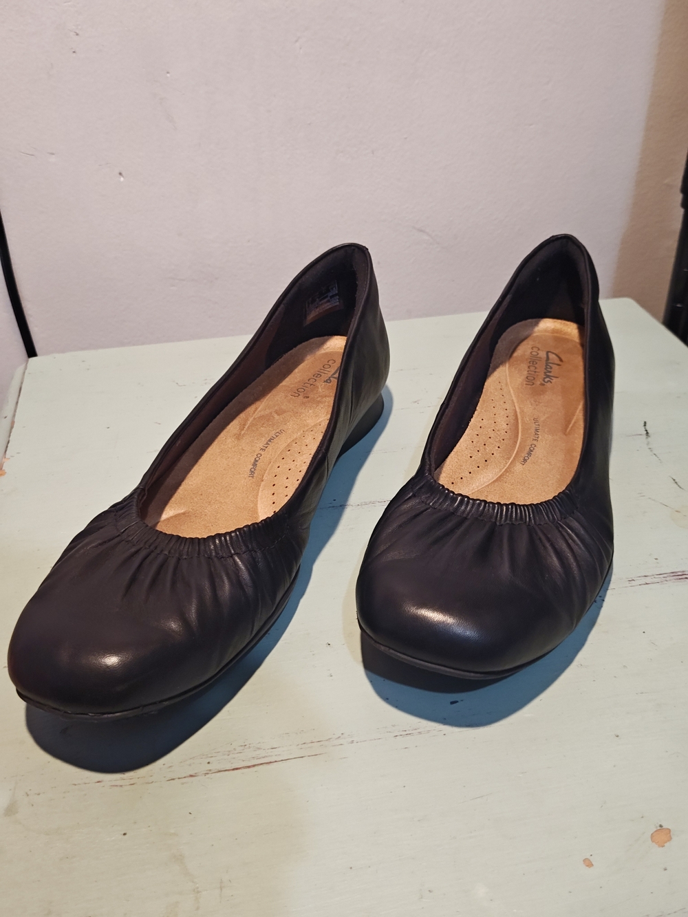 Clarks Jazmynn Lo Black Leather Gathered Ballet Flats 9.5